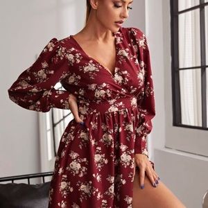 Long Sleeve Red Flower Dress